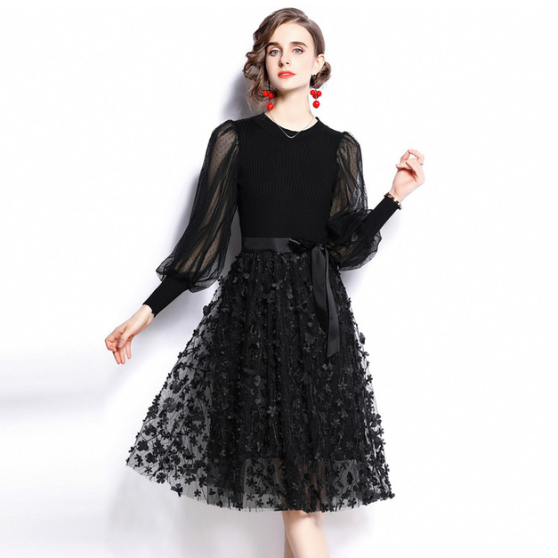 拼接點點波網紗袖高腰修身束腰帶泡泡長袖網紗洋裝