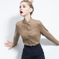 歐美棉麻襯衫修身娃娃領長袖襯衫上身