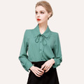 職業長袖襯衫女簡約輕奢三層領繫帶素色打底小衫_1