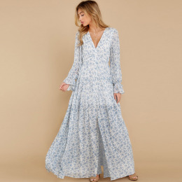 碎花印花鈕扣荷葉邊長袖鈕扣開衫長裙子洋裝