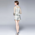 浮雕刺繡高腰闊腿短褲時尚套裝小個子洋氣荷葉邊網紗長袖上衣_2