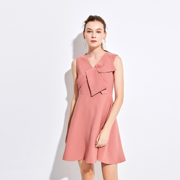 歐美淑女蝴蝶結裝飾小禮服V領無袖洋裝