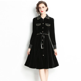 歐美黑裙子中長版法式複古絲絨洋裝