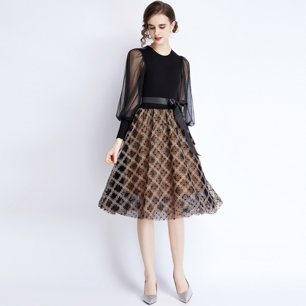 歐美甜美氣質針織燈籠袖網紗裙打底A字裙洋裝