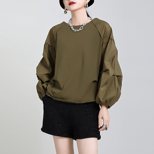 燈籠袖氣質套頭素色長袖上身 設計感圓領時尚T恤