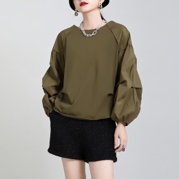 燈籠袖氣質套頭素色長袖上身 設計感圓領時尚T恤