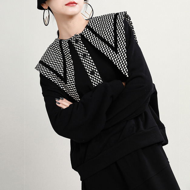 歐美格子娃娃領套頭寬鬆衛衣女設計感衛衣