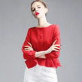 歐美七分袖襯衫不規則收腰顯瘦透氣舒適雪紡衫
