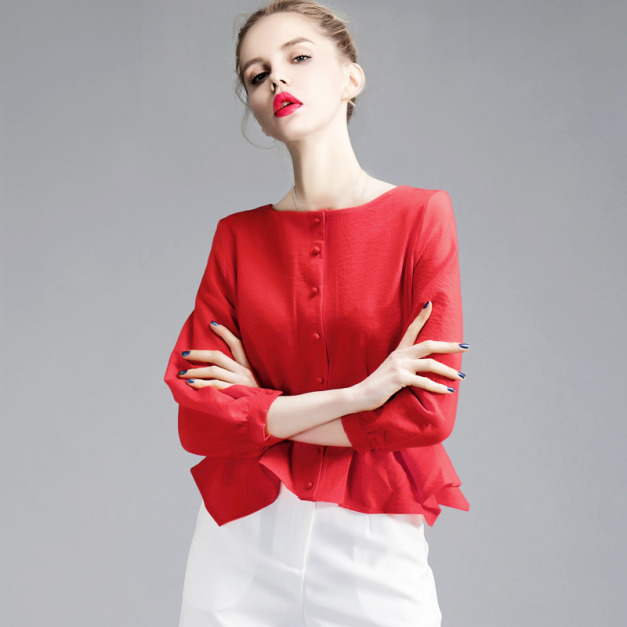 歐美七分袖襯衫不規則收腰顯瘦透氣舒適雪紡衫