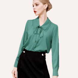 職業長袖襯衫女簡約輕奢三層領繫帶素色打底小衫