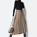 復古氣質高腰格紋拼接設計感百褶中長版半身裙_2