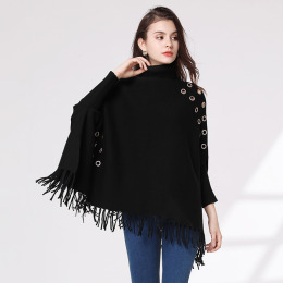 針織衫斗篷外套流蘇高領毛衣女厚版外套時尚披肩