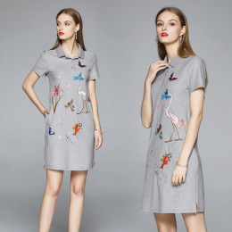 精美繡花直筒短袖POLO領襯衫復古洋裝