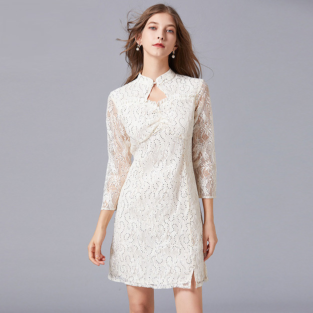 復古高腰名媛棉花糖女孩旗袍法式大碼A字裙小眾蕾絲洋裝