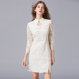 復古高腰名媛棉花糖女孩旗袍法式大碼A字裙小眾蕾絲洋裝