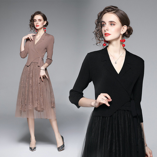 茶歇法式複古蕾絲刺繡網紗拼接針織假兩件式洋裝