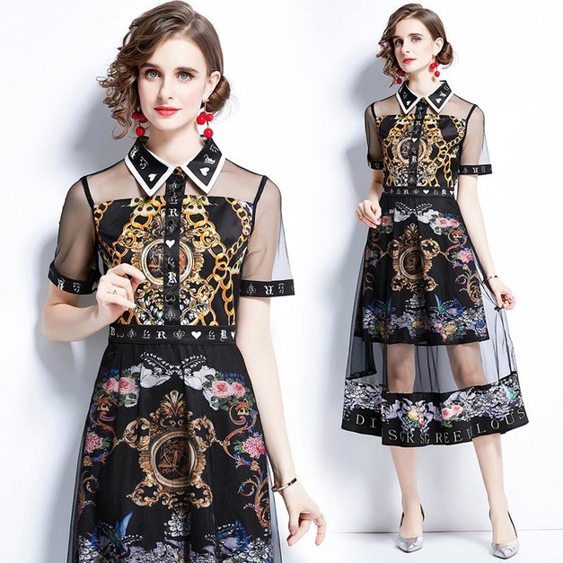 法式茶歇裙復古印花高腰顯瘦氣質短袖中長版洋裝