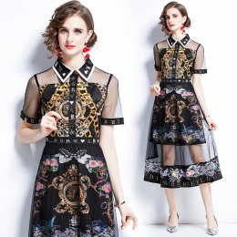 法式茶歇裙復古印花高腰顯瘦氣質短袖中長版洋裝