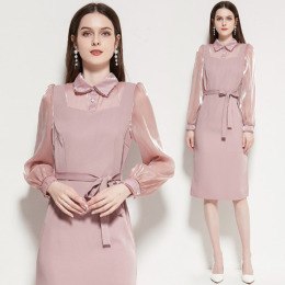 減齡氣質襯衫洋裝長袖繫帶收腰開叉裙子