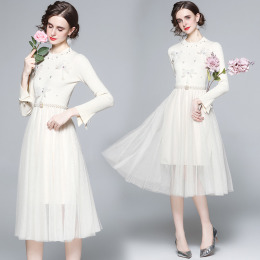 針織衫毛衣蝴蝶結拼接網紗修身洋裝【配腰帶】