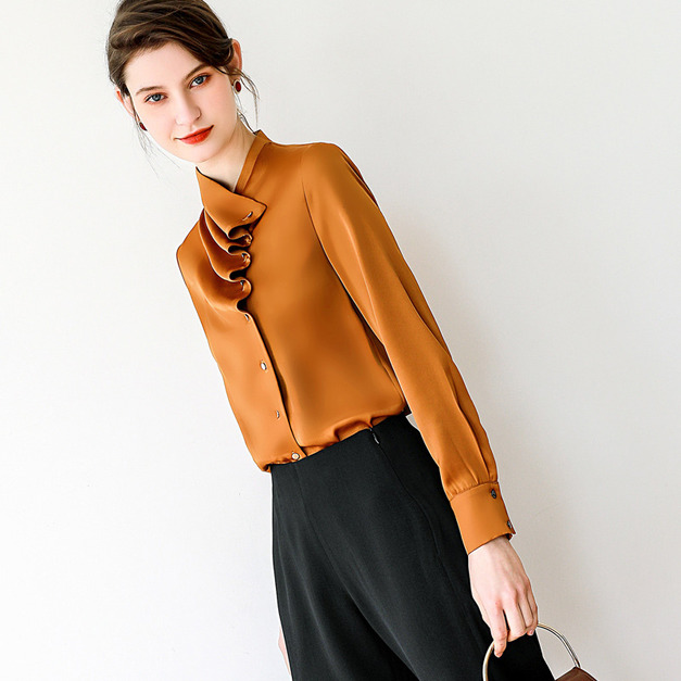 長袖襯衫設計版上衣OL寬鬆垂感緞面襯衣