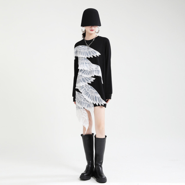 不規則天使翅膀撞色衛衣裙設計感長袖洋裝