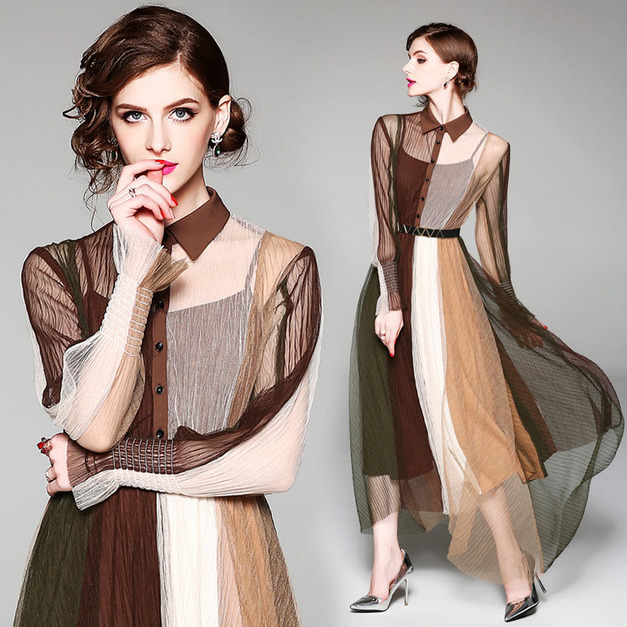 歐美時尚翻領長袖撞色修身長版網紗洋裝