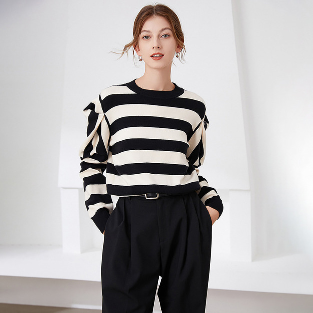 針織衫條紋外穿毛衣寬鬆型圓領毛衫上衣