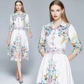 復古碎花法式翻領七分袖中裙輕熟風洋裝