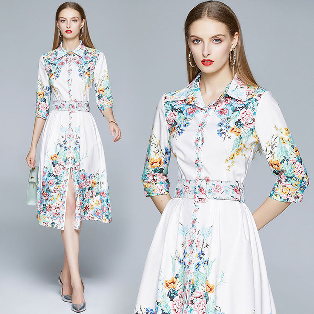 復古碎花法式翻領七分袖中裙輕熟風洋裝