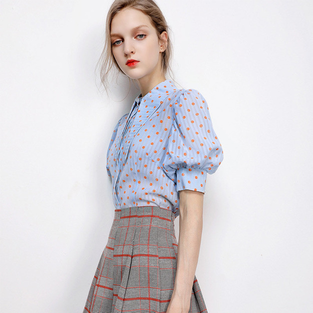 小眾設計感襯衫法式顯瘦圓點點泡泡袖雪紡衫