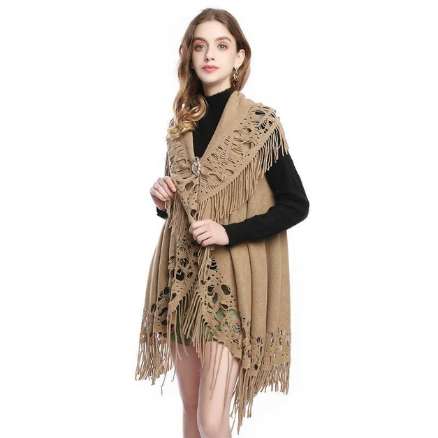 歐美寬鬆流蘇針織衫圍巾開衫薄提花披肩外套
