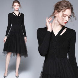 法式V領針織拼接網紗洋裝假兩件打底氣質顯瘦A字長裙