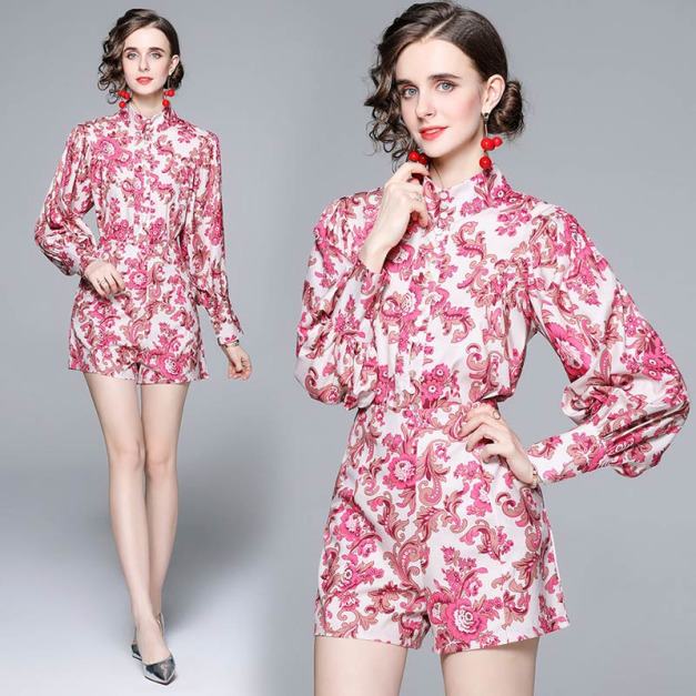 歐美復古風套裝印花單排扣立領燈籠袖襯衫+高腰直筒女褲