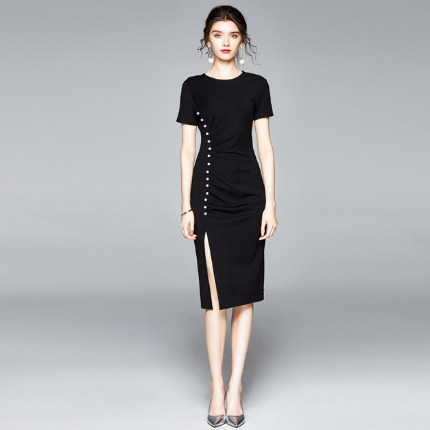 歐美修身長裙氣質性感裙子短袖顯瘦中長版洋裝