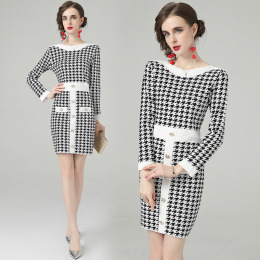 歐美經典千鳥格長袖修身女針織洋裝