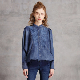 設計感刺繡寬鬆大碼上衣復古立領長袖襯衫