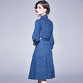 牛仔洋裝翻領復古燈籠袖收腰顯瘦中長襯衫裙_2