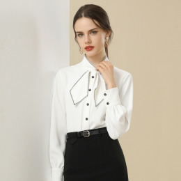 職業女裝撞色氣質素色襯衣蝴蝶結長袖雪紡襯衫