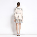 波西米亞風印花手工包扣點綴舒適透氣長袖修身A字洋裝v領_2