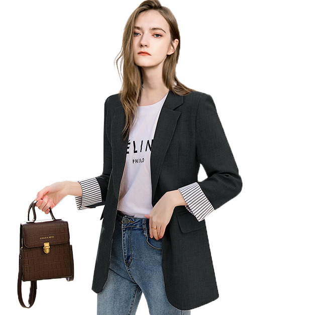 歐美風高級感職業西裝拼接條紋翻領外套