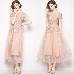 名媛優雅風高腰網紗繡花洋裝長版小香A字裙