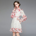 收腰顯瘦文藝復古小清新定位印花燈籠長袖洋裝_1