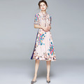 歐美拼蕾絲水溶收腰百褶氣質名媛印花洋裝_1