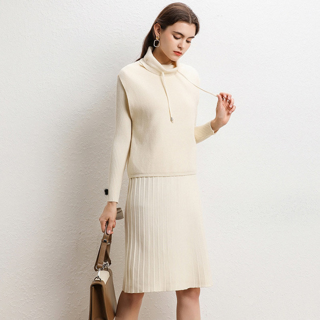 歐美時尚休閒套裝針織馬甲+洋裝2件式毛衣裙