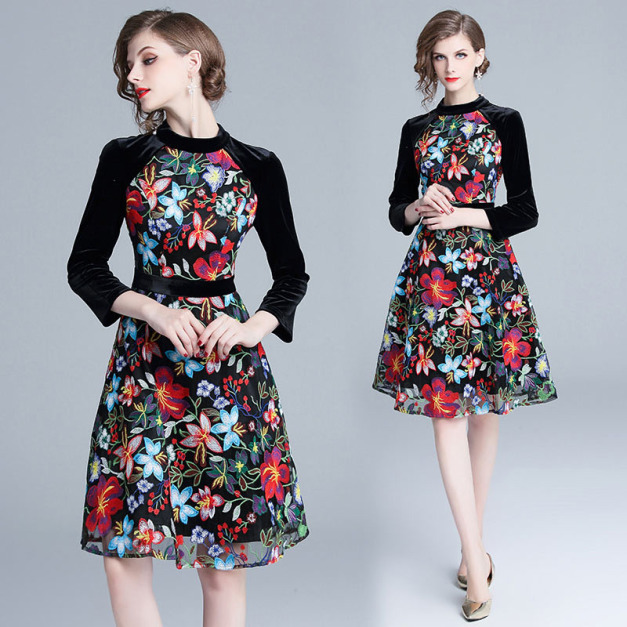 歐美九分袖絲絨拼接刺繡收腰a字洋裝