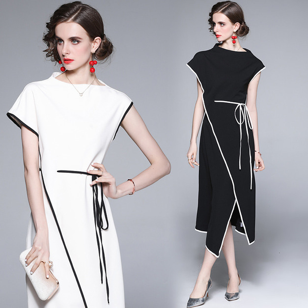 簡潔大方優雅氣質不對稱混紡抽繩洋裝