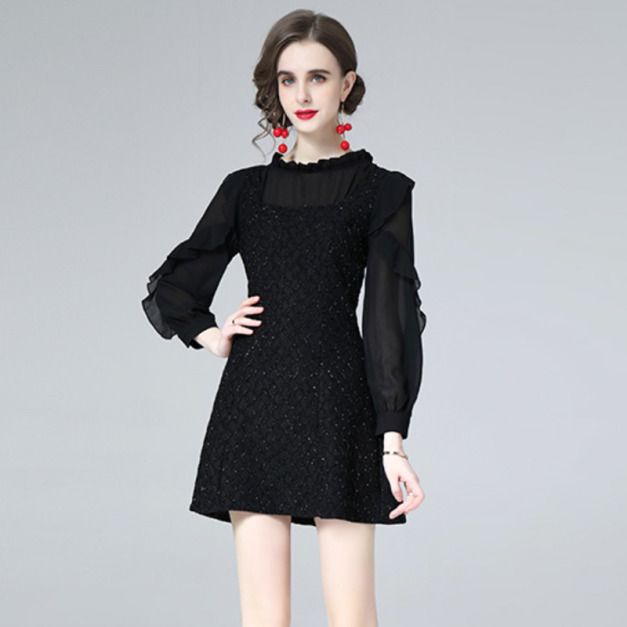 打底赫本風名媛氣質收腰顯瘦網紗長袖a字洋裝