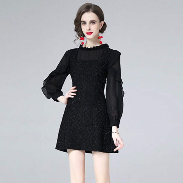 打底赫本風名媛氣質收腰顯瘦網紗長袖a字洋裝