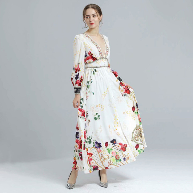 度假風優雅氣質V領燈籠袖高腰開衫襯衫裙女鑲鑽顯瘦長裙子洋裝